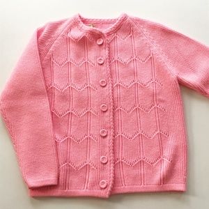 VTG Sears Button Up Cardigan Sweater Retro Bubble Gum Pink Zig Zag Chunky Fits M